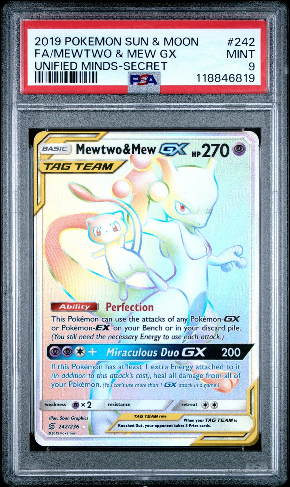 2019 MEWTWO & MEW GX 242/236 RAINBOW Tag Team UNIFIED MINDS POKEMON PSA 9