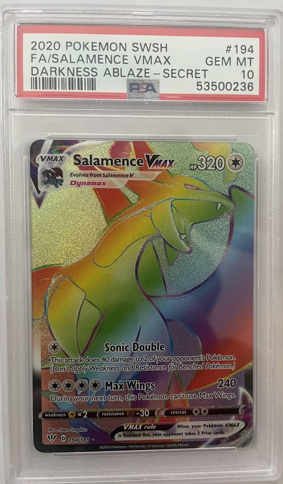2020 Salamence Vmax 194/189 Darkness Ablaze Secret Rare Full Art PSA 10!!