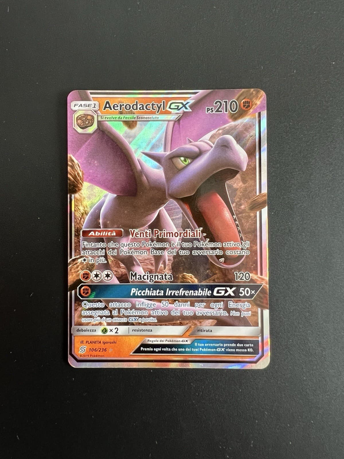 Carta pokèmon AERODACTYL GX Sintonia Mentale 106/236 Full Art ITA