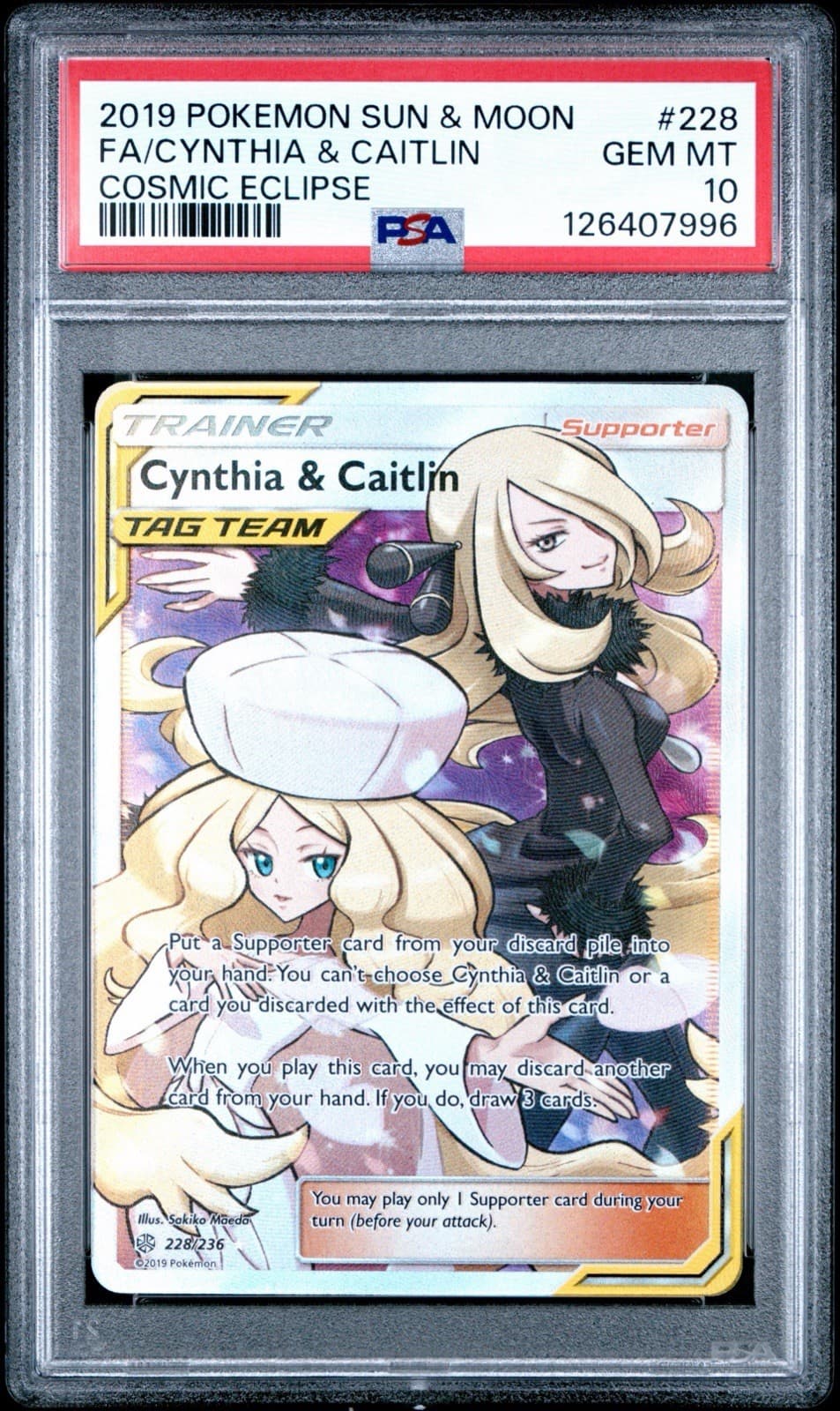 2019 POKEMON SUN & MOON COSMIC ECLIPSE CYNTHIA & CAITLIN 228/236 FULL ART PSA 10