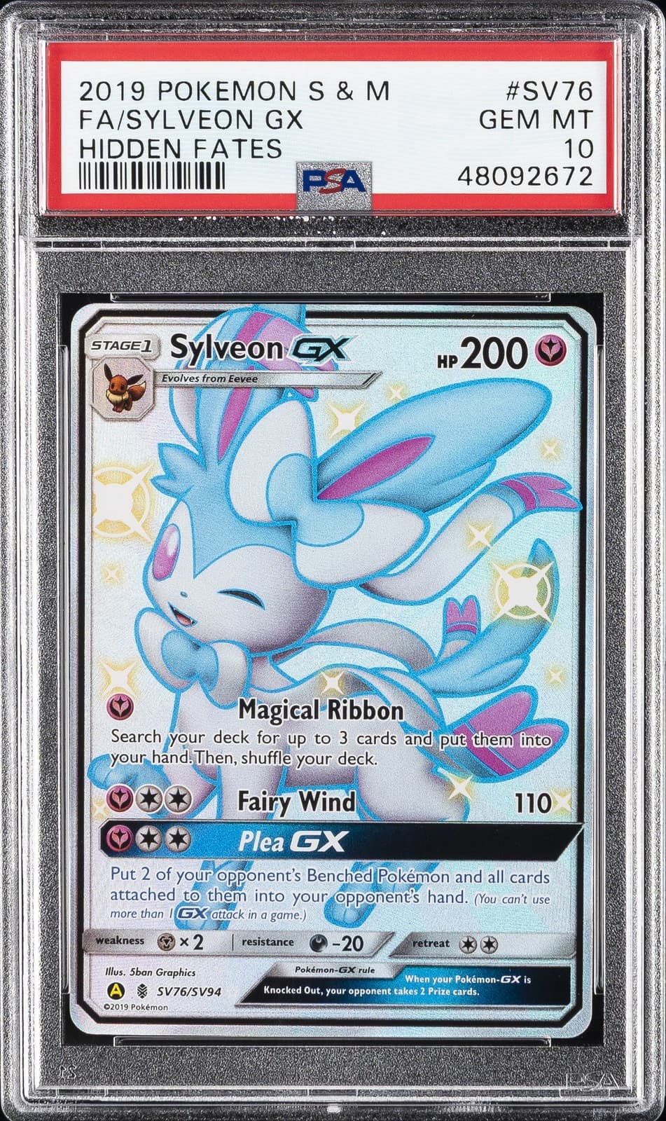 2019 POKEMON SUN & MOON HIDDEN FATES #SV76 FULL ART/SYLVEON GX PSA 10