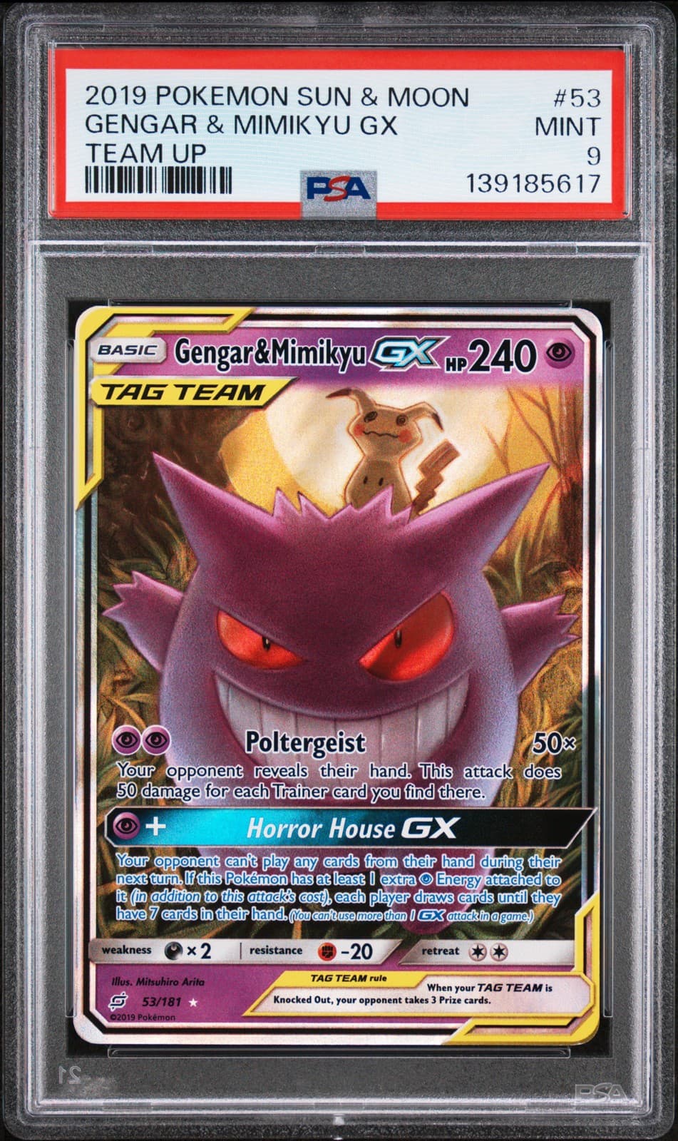 PSA 9 Pokemon Gengar & Mimikyu GX 53/181 Team Up Tag Team Ultra Rare 2019 Mint
