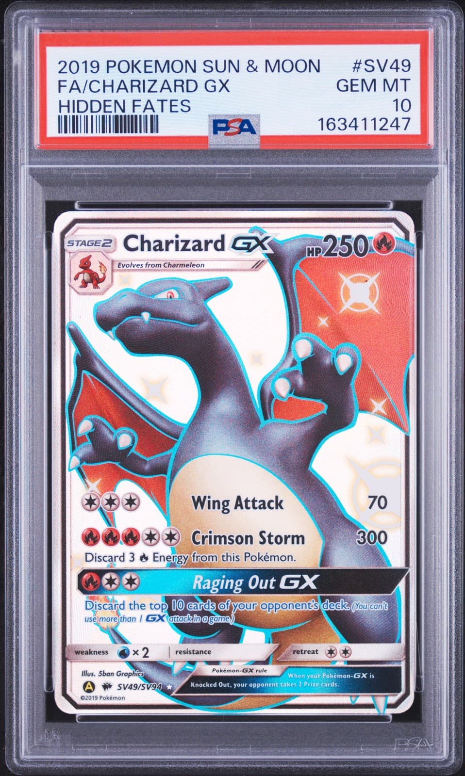2019 POKEMON SUN & MOON HIDDEN FATES #SV49 FULL ART/CHARIZARD GX PSA 10