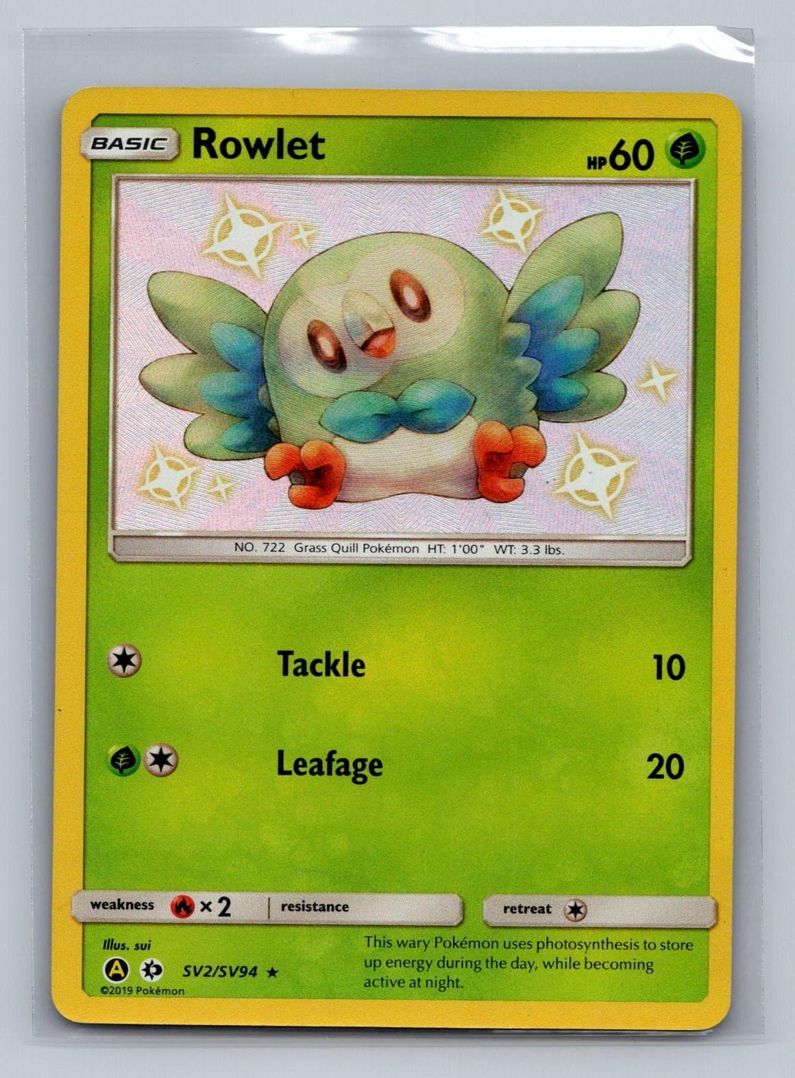 Rowlet SV2/SV94 Shiny Rare Hidden Fates Shiny Vault Pokemon Holo Near Mint