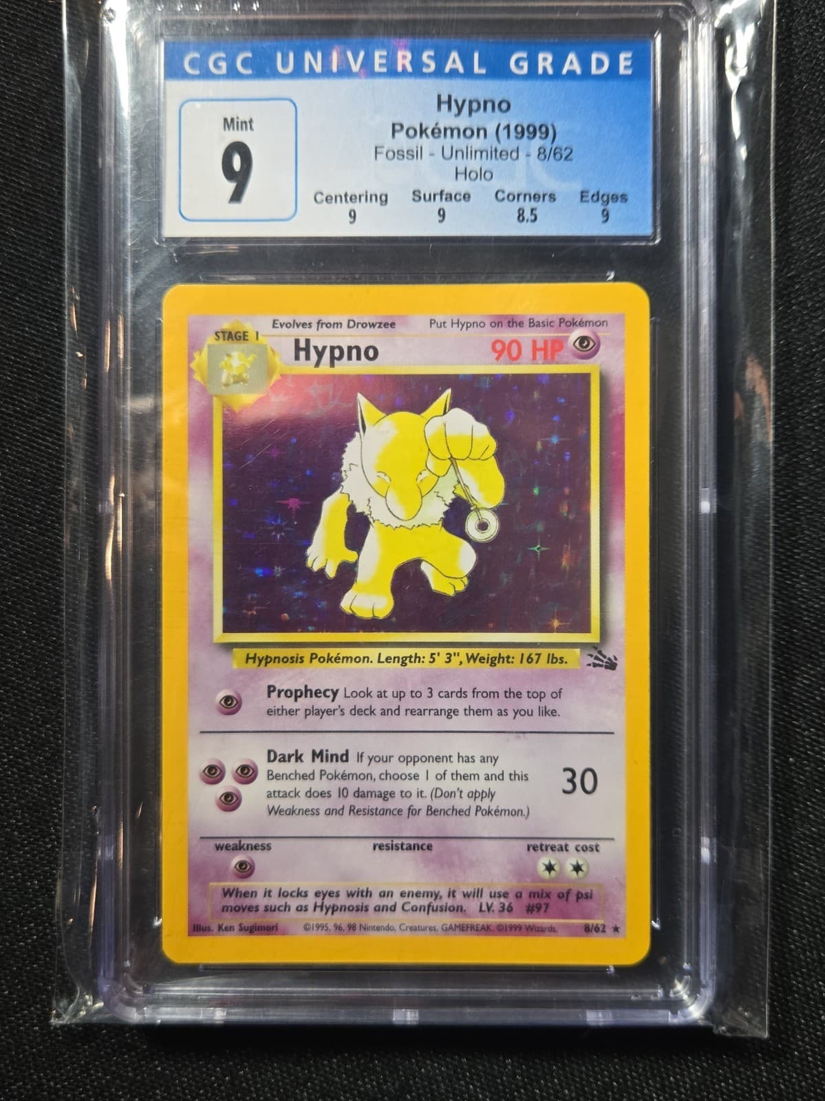 1999 Pokemon TCG Hypno Holo Rare Card 8/62 Fossil Unlimited CGC Mint 9! 💎