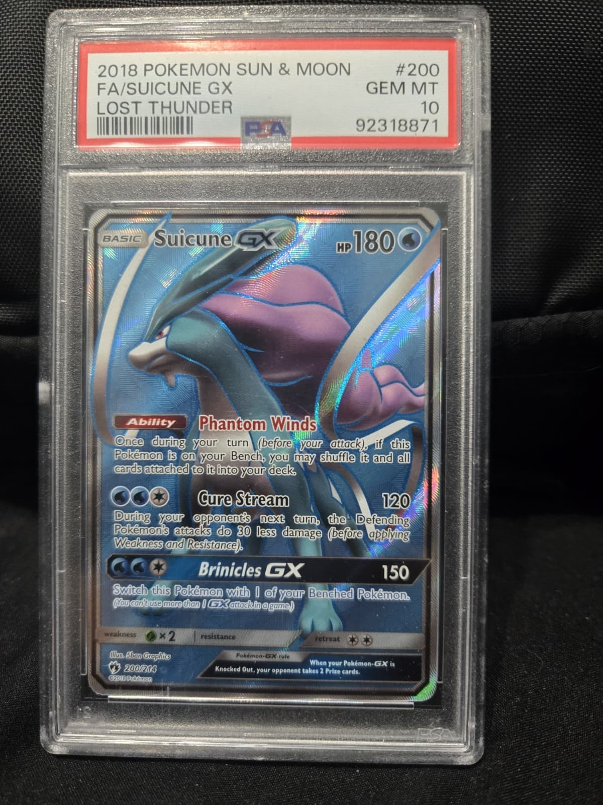 2018 Pokemon Sun & Moon Lost Thunder Suicune GX Full Art 200/214 PSA 10 GEM MINT