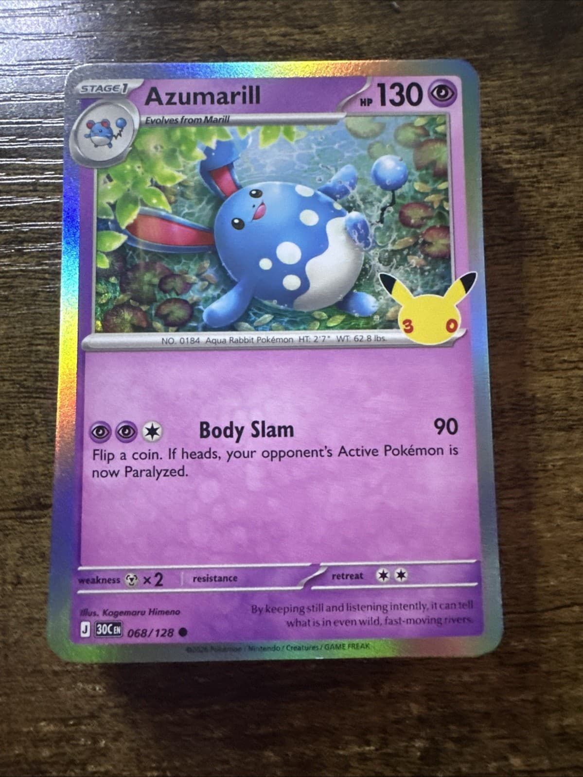 Azumarill 068/128, 30th Anniversary Celebration, Holo Common, Pokemon TCG, NM