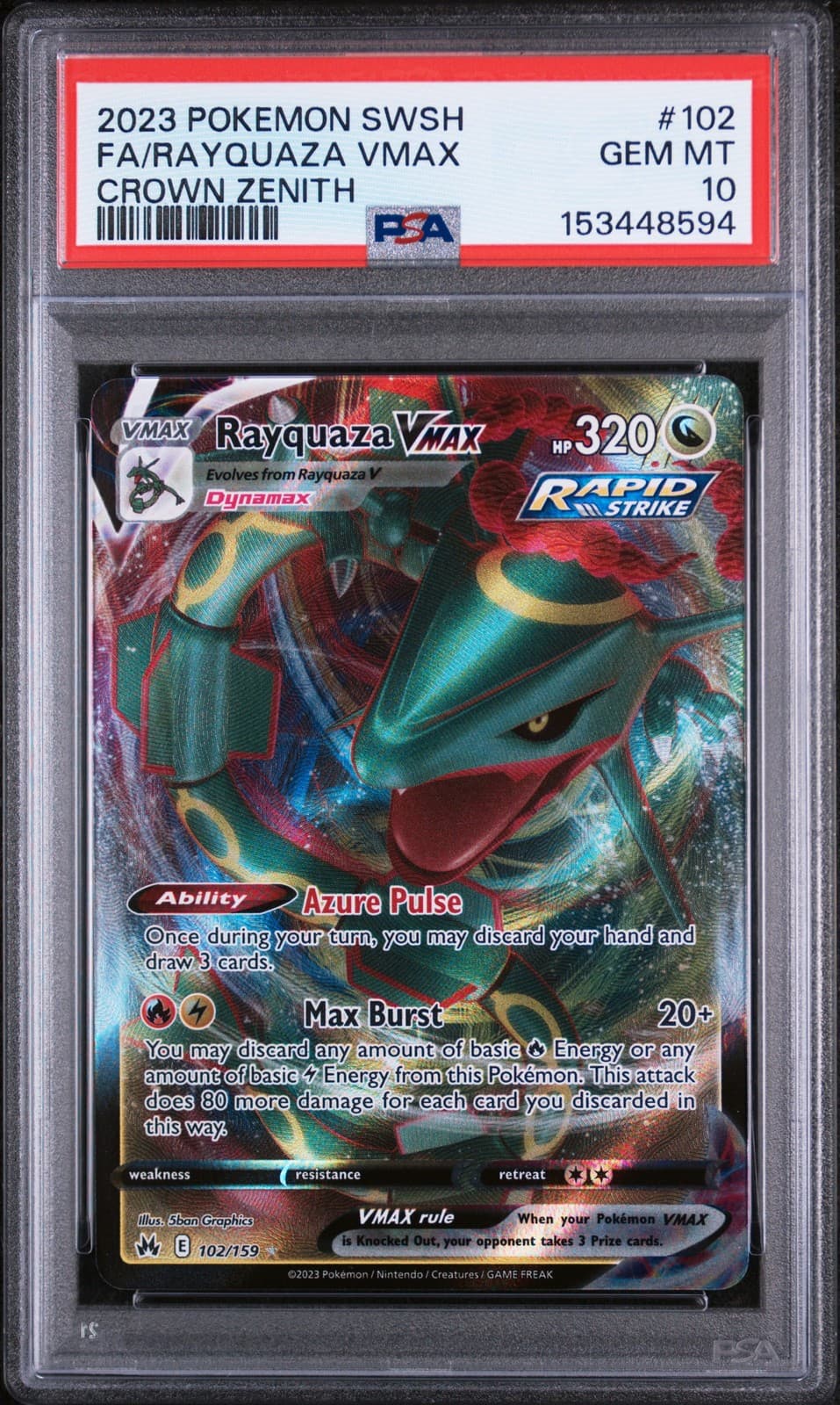 2023 POKEMON SWORD & SHIELD CROWN ZENITH #102 FULL ART/RAYQUAZA VMAX PSA 10