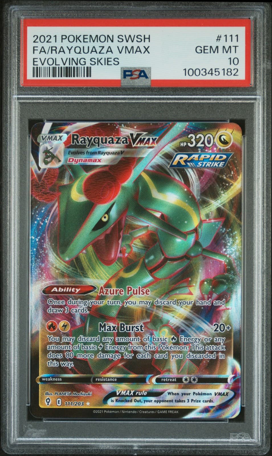 2021 POKEMON SWORD & SHIELD EVOLVING SKIES #111 FULL ART/RAYQUAZA VMAX PSA 10