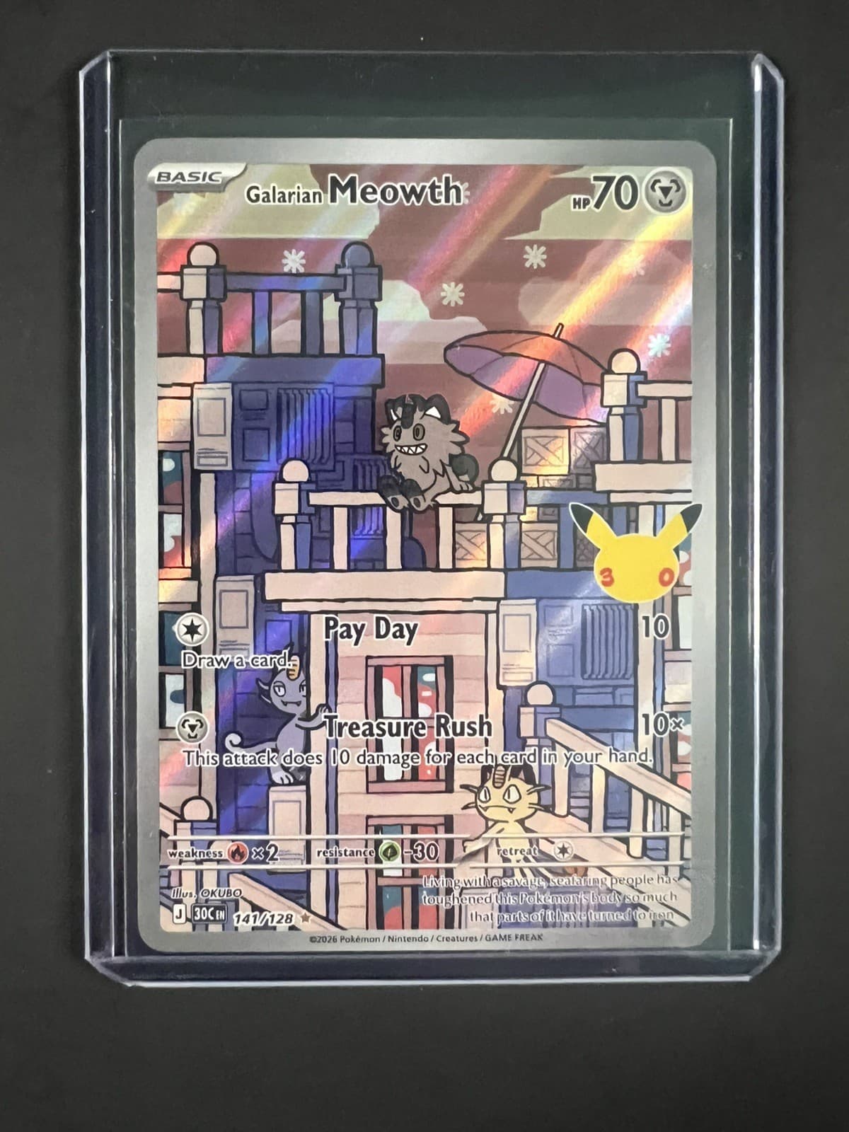 Galarian Meowth 141/128 Illustration Rare ME: 30th Celebration Pokemon Holo NM