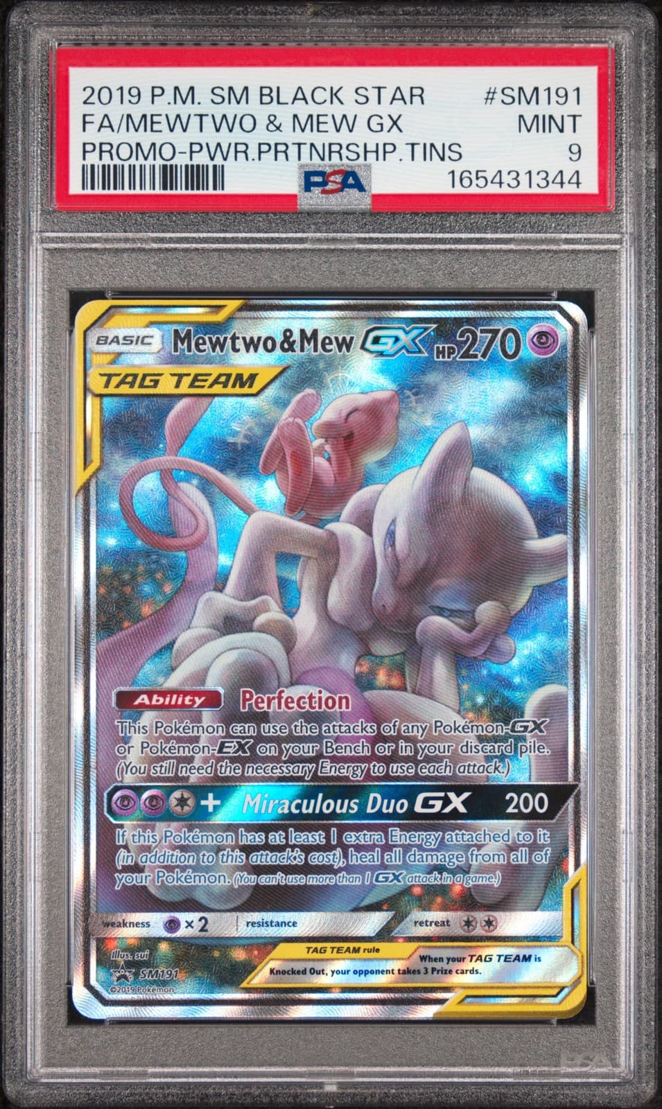 2019 POKEMON SM BLACK STAR PROMO #SM191 FULL ART/MEWTWO & MEW GX PSA 9