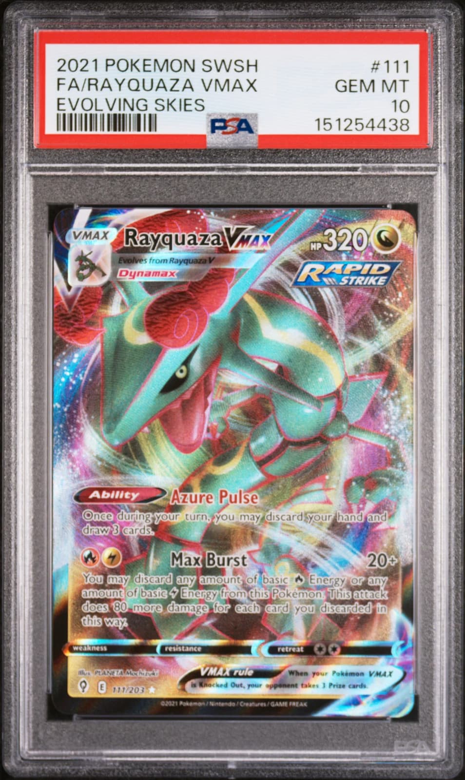 2021 Pokemon Sword & Shield Evolving Skies Rayquaza VMAX PSA 10 #111