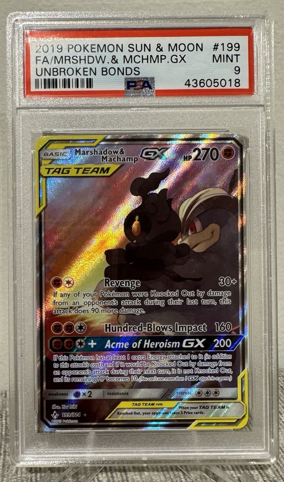 Marshadow & Machamp GX (Full Art) 199/214 Sm-Unbroken Bonds Holo PSA 9 Mint