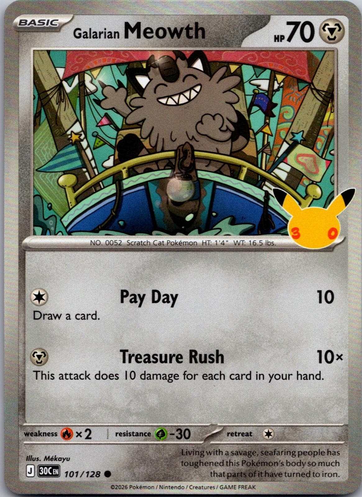 Galarian Meowth Holo ME: 30th Celebration 101/128 NM Pokemon