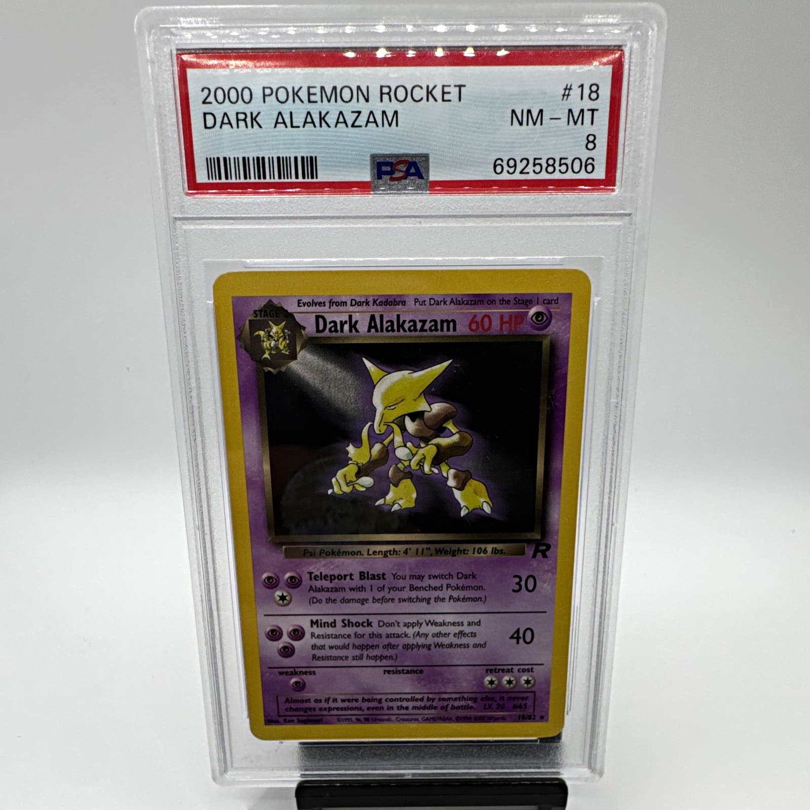 Pokemon TCG 2000 Team Rocket Dark Alakazam 18/82 Holo Unlimited PSA 8