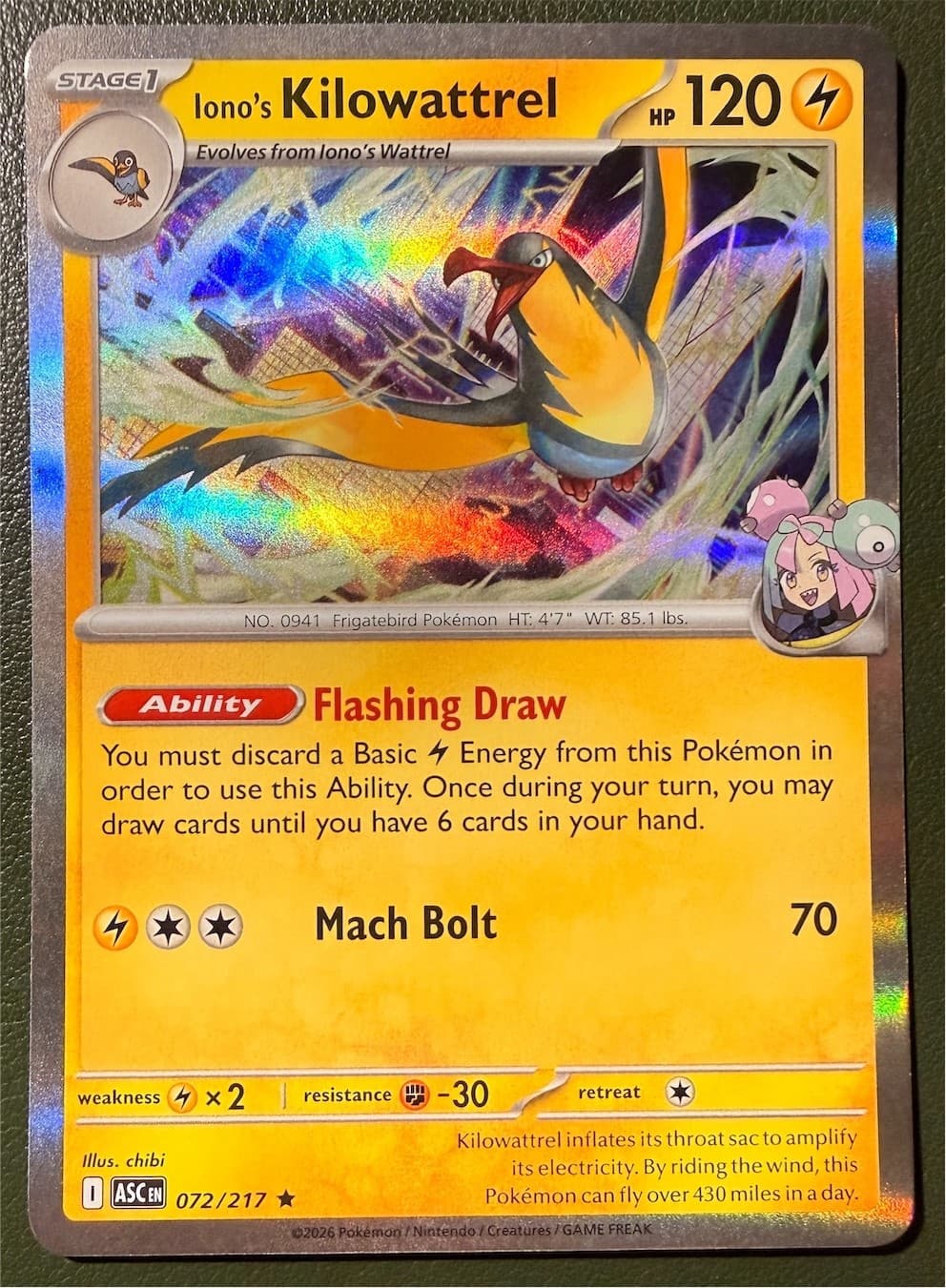 Pokemon TCG Iono's Kilowattrel 72/217 Ascended Heroes ME2.5 Holo NM