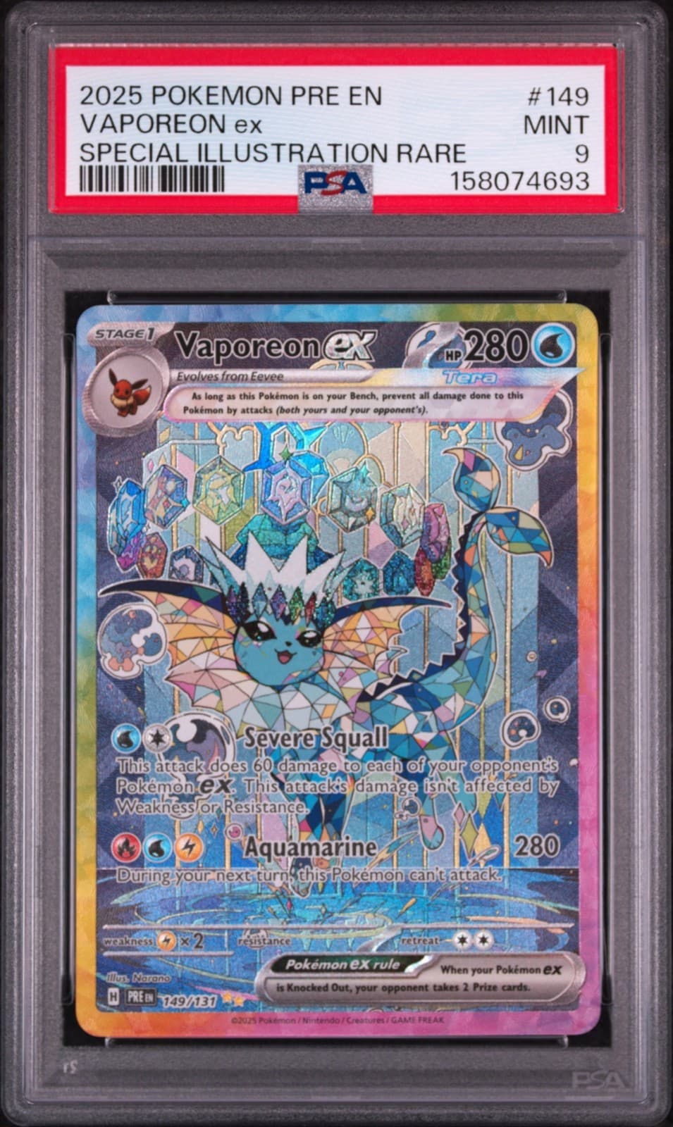 2025 Pokemon Prismatic Evolutions Vaporeon ex #149/131 Special Rare PSA 9