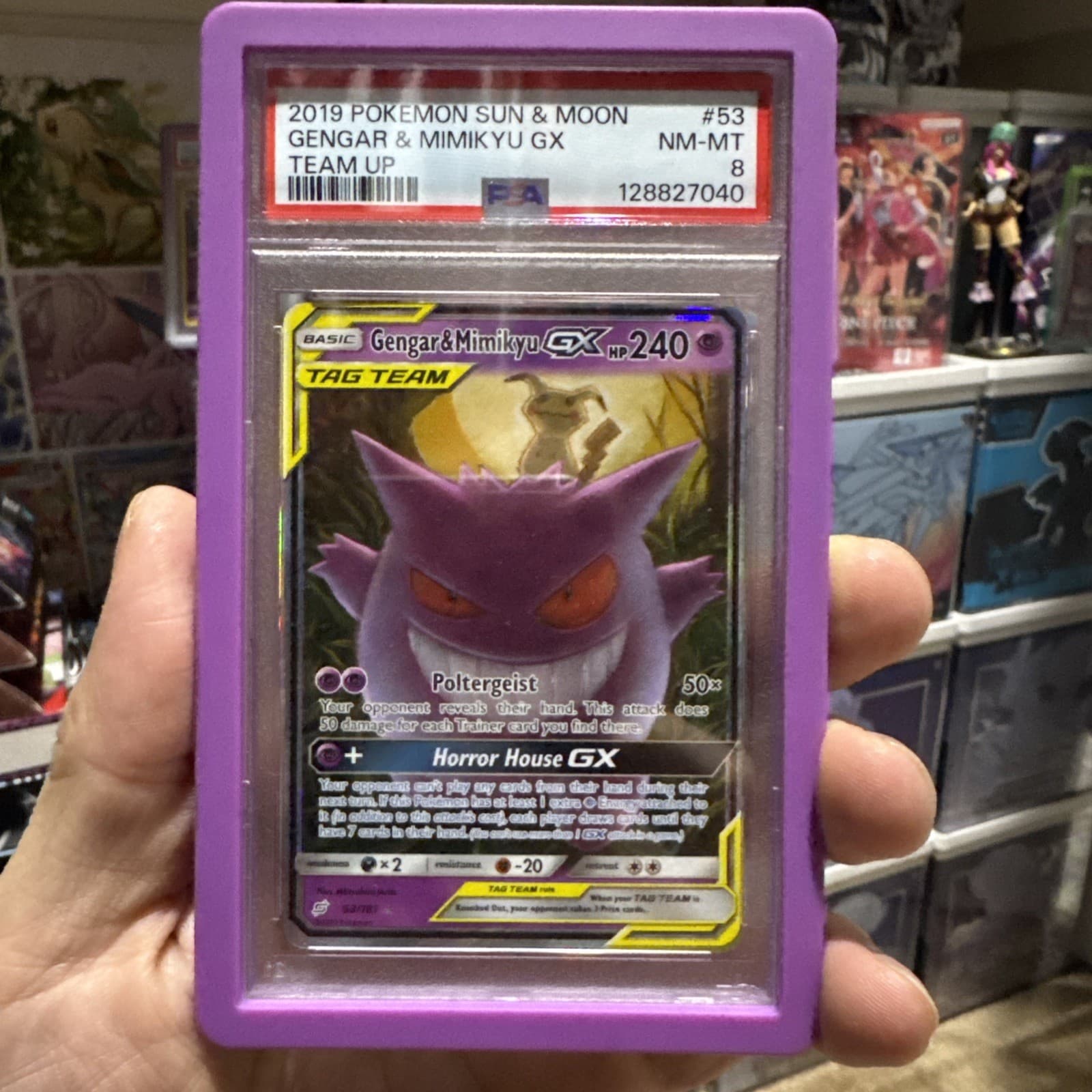 2019 POKEMON SUN & MOON TEAM UP #53 GENGAR & MIMIKYU GX PSA 8