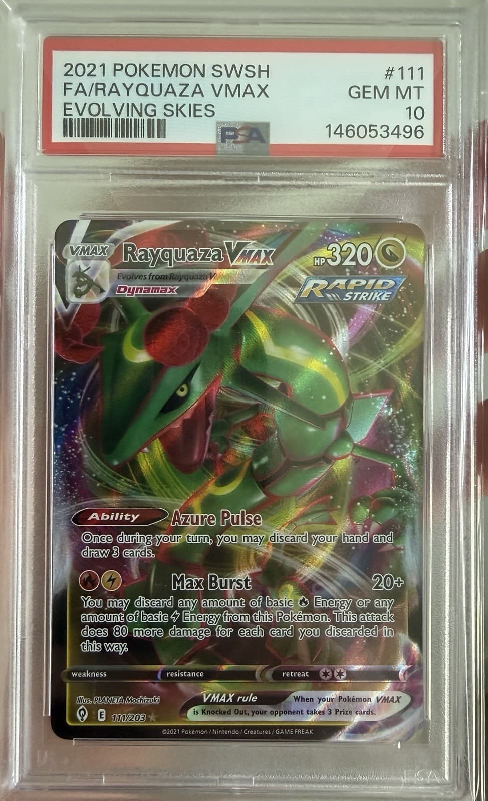 2021 POKEMON SWORD & SHIELD EVOLVING SKIES #111 FULL ART/RAYQUAZA VMAX PSA 10
