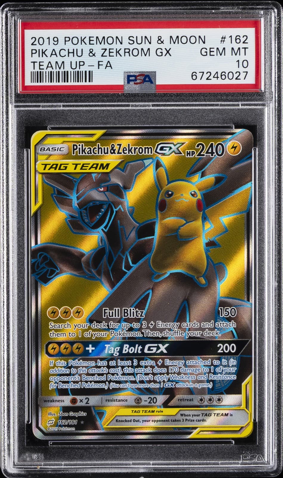 2019 POKEMON SUN & MOON TEAM UP #162 FULL ART/PIKACHU & ZEKROM GX PSA 10