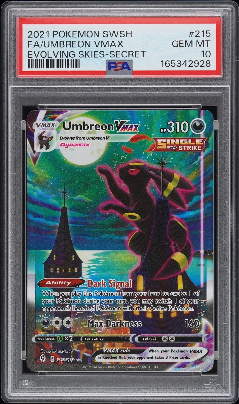 2021 POKEMON Sword & Shield Umbreon VMAX FA #215 Evolving Skies Secret PSA 10