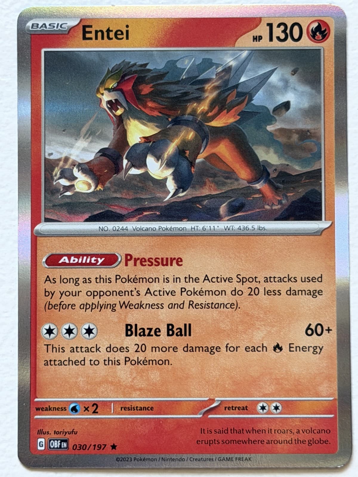 Entei 30/197 Obsidian Flames Rare Holo Near Mint Pokemon