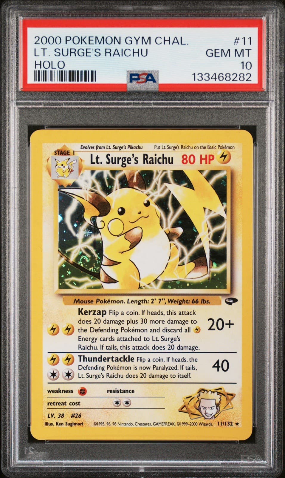 2000 POKEMON GYM CHALLENGE HOLO #11 LT. SURGE'S RAICHU PSA 10 *POP 172* w/SWIRL