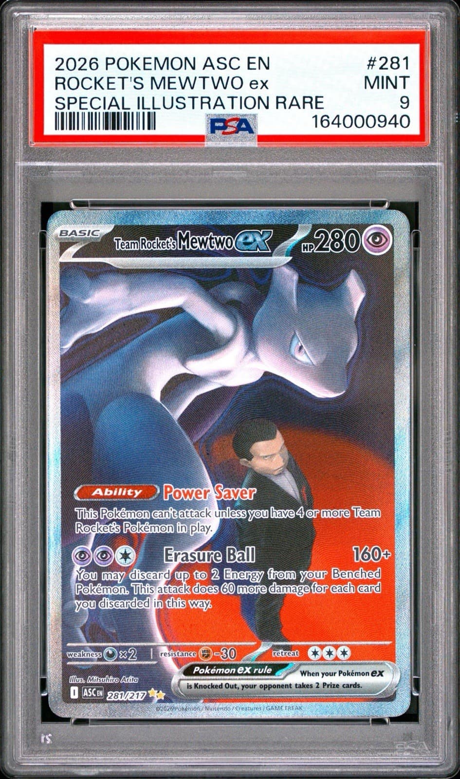 Pokemon TCG Team Rocket's Mewtwo ex 281/217 SIR Holo EN PSA 9