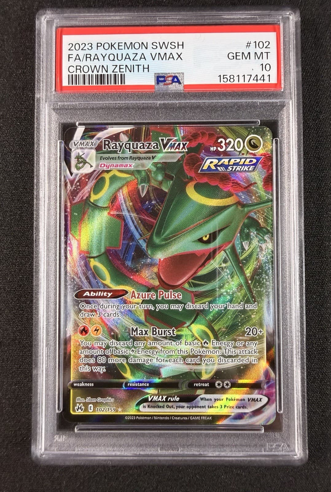 Rayquaza VMAX 102/159 SWSH: Pokemon Crown Zenith Holo: PSA GRADE 10 - Ships Fast
