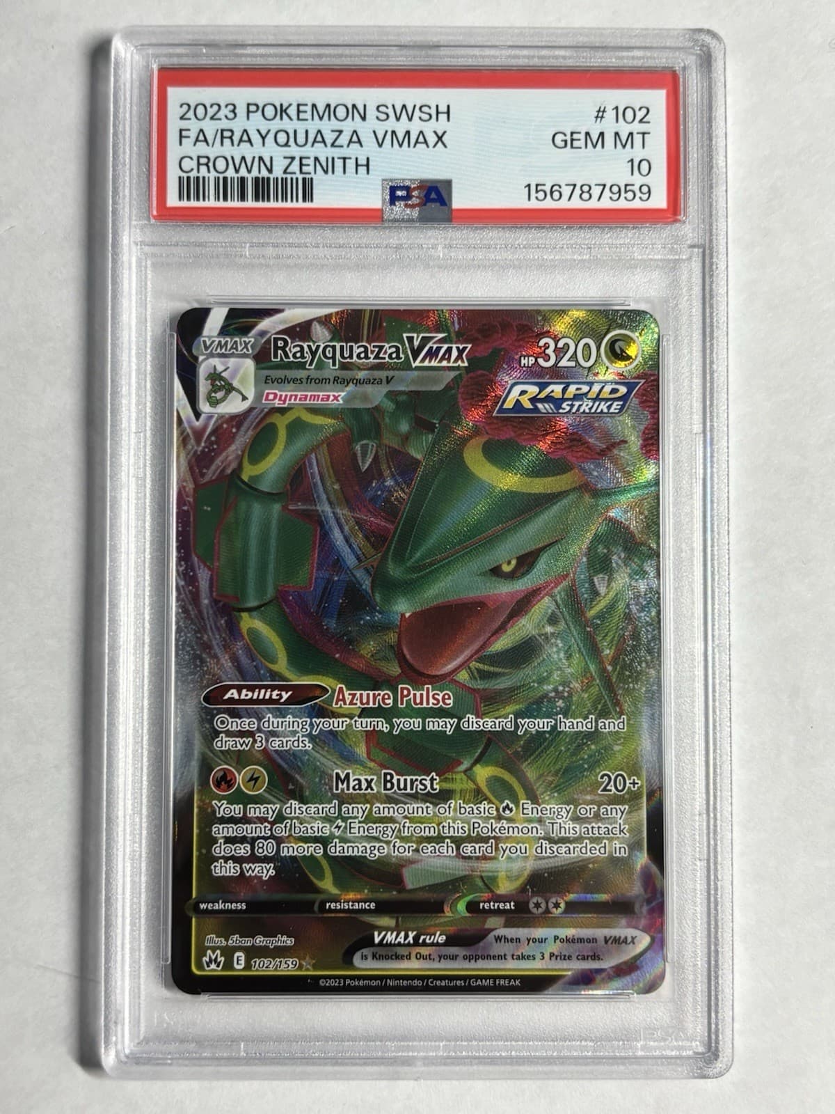 Pokemon TCG 2023 SWSH Crown Zenith Rayquaza VMAX 102/159 Holo PSA 10