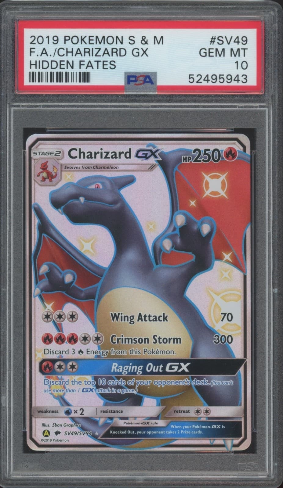 2019 Pokémon Hidden Fates Full Art #SV49 Charizard GX Gem Mint PSA 10