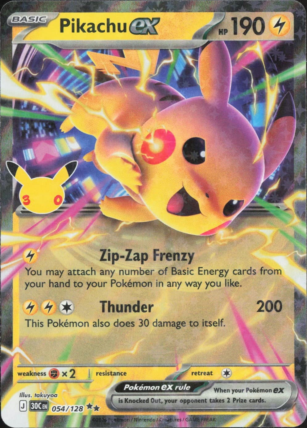 Pikachu ex 30th Celebration 054/128 DR Holo Pokémon — English NM