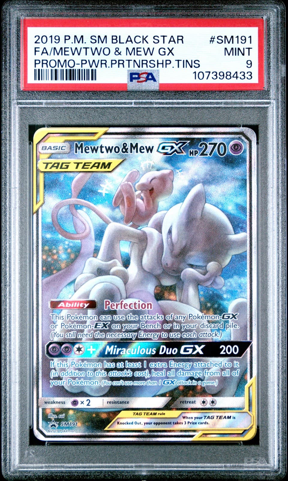 2019 POKEMON SM BLACK STAR PROMO #SM191 FULL ART/MEWTWO & MEW GX PSA 9