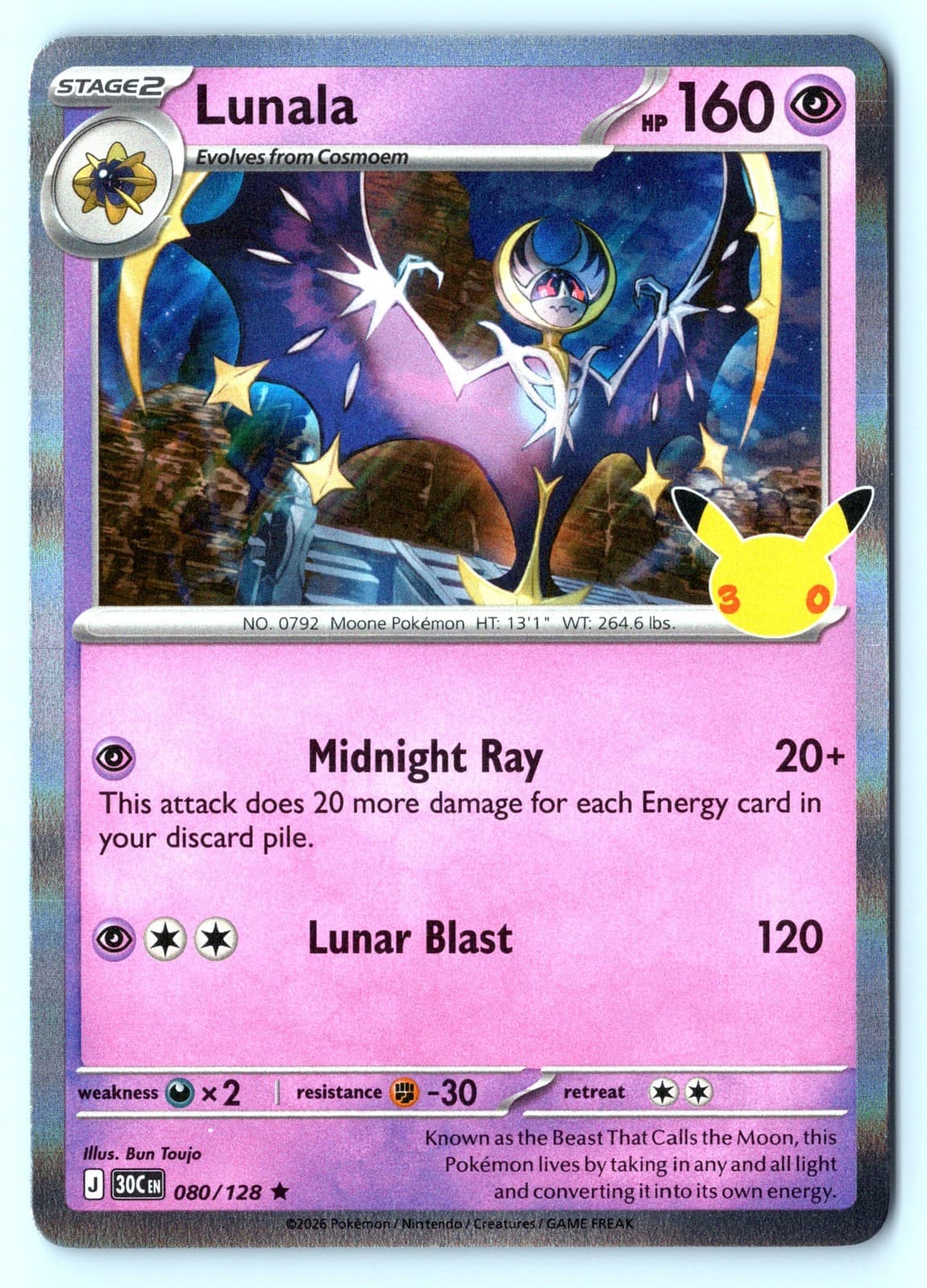 Lunala 80/128 30th Celebration Holo Pokemon NM