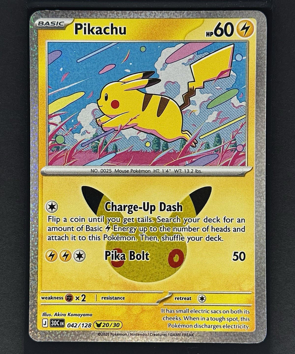 Pikachu 42/128 (20/30) 30th Celebration (30C) Holo IR Full Art NM Pokemon TCG