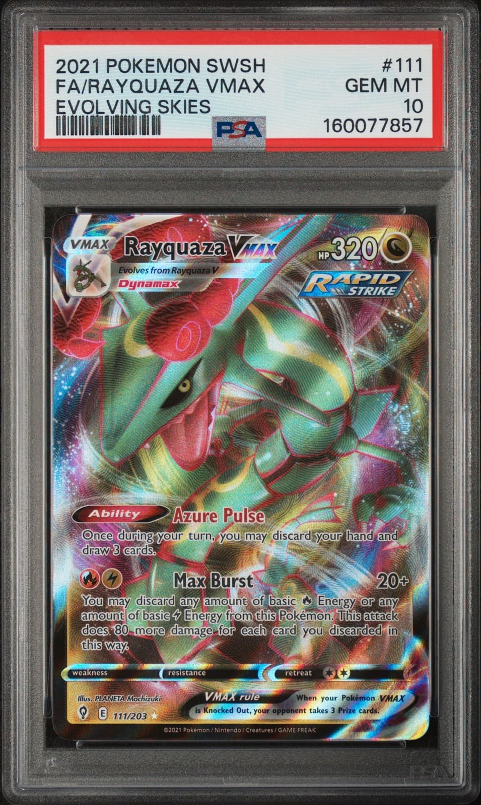 2021 POKEMON SWORD & SHIELD EVOLVING SKIES #111 FULL ART/RAYQUAZA VMAX PSA 10