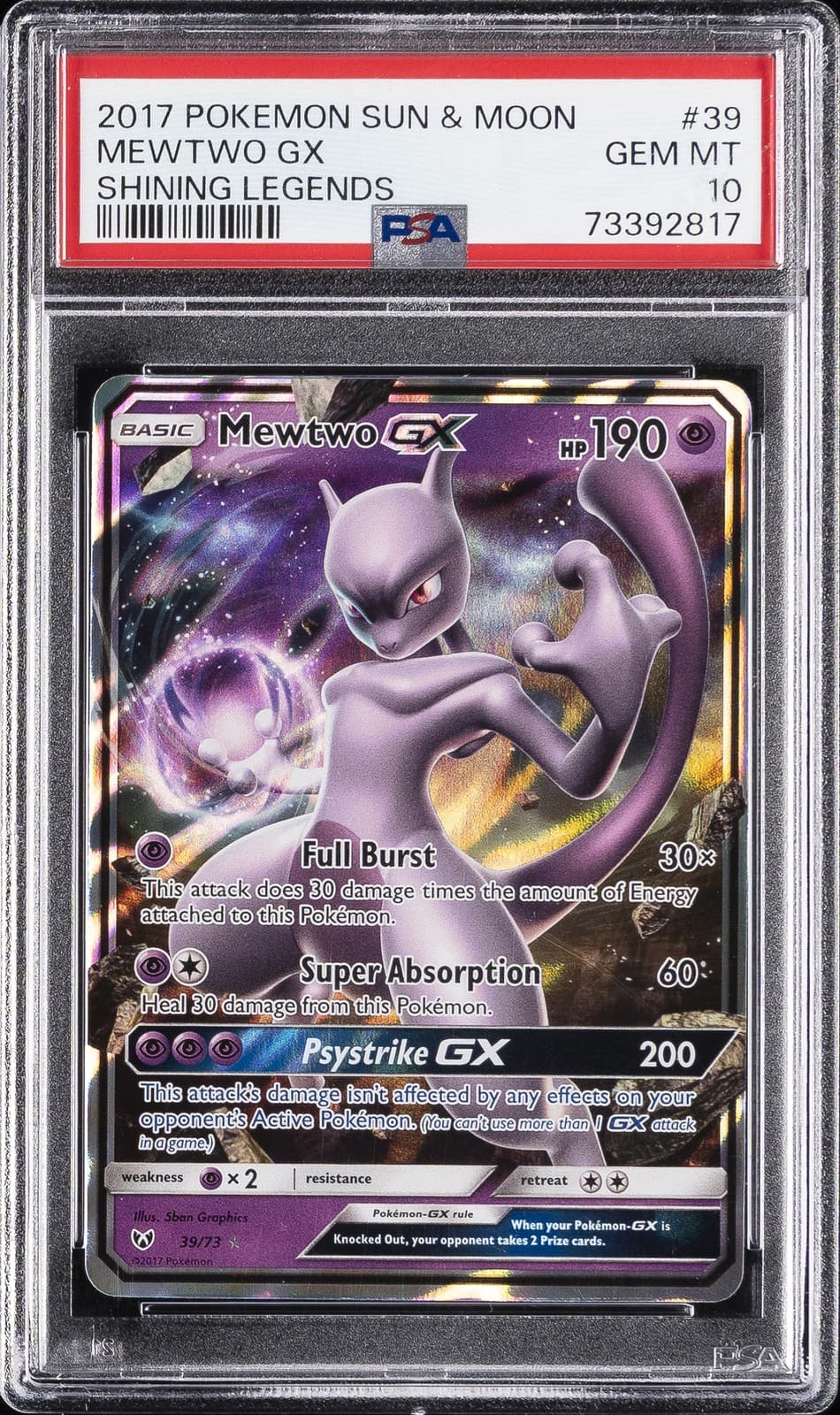 2017 POKEMON SUN & MOON SHINING LEGENDS #39 MEWTWO GX PSA 10