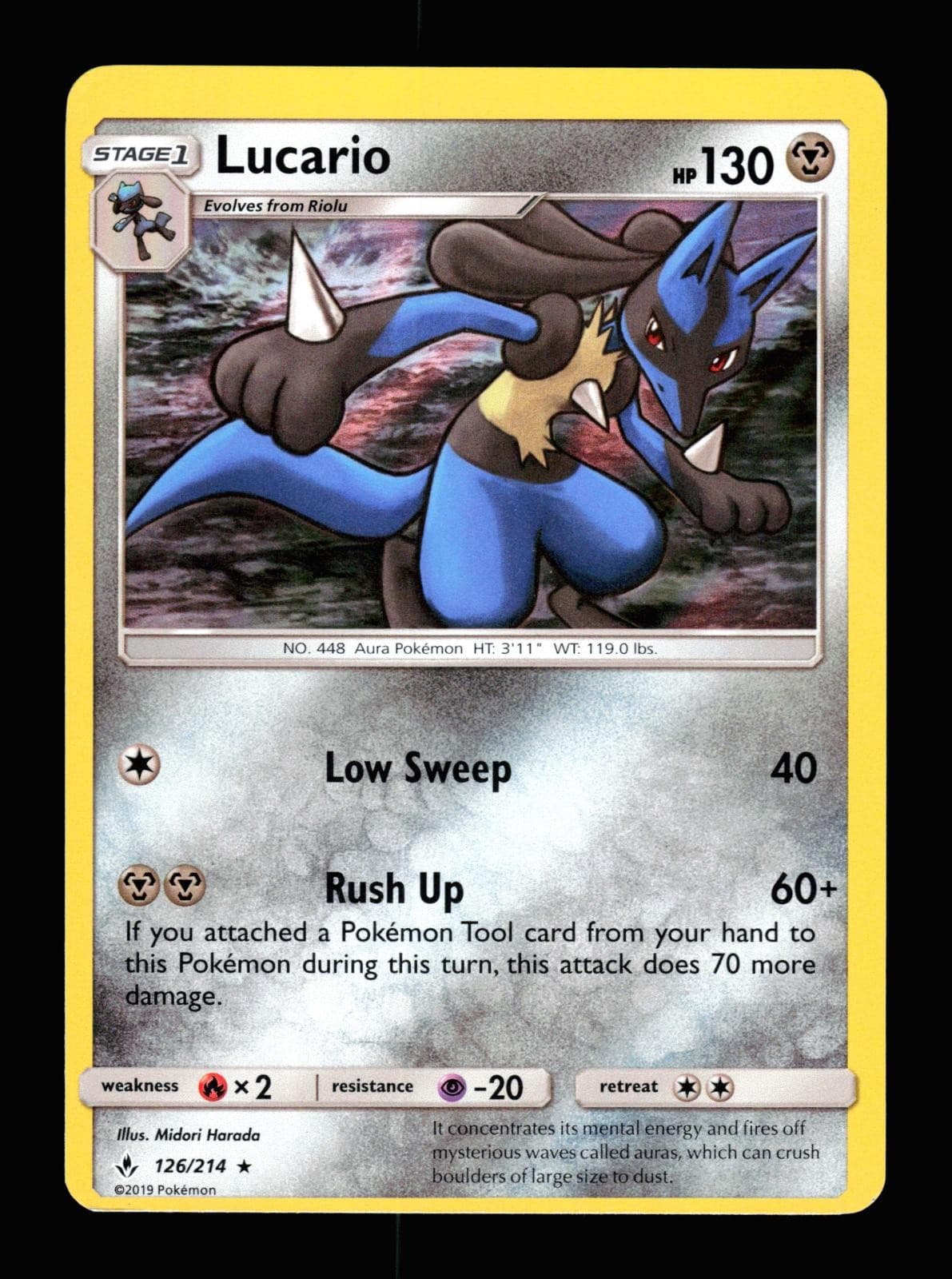 Lucario 126/214 Holo Rare Unbroken Bonds Pokemon 2019 LP Harada