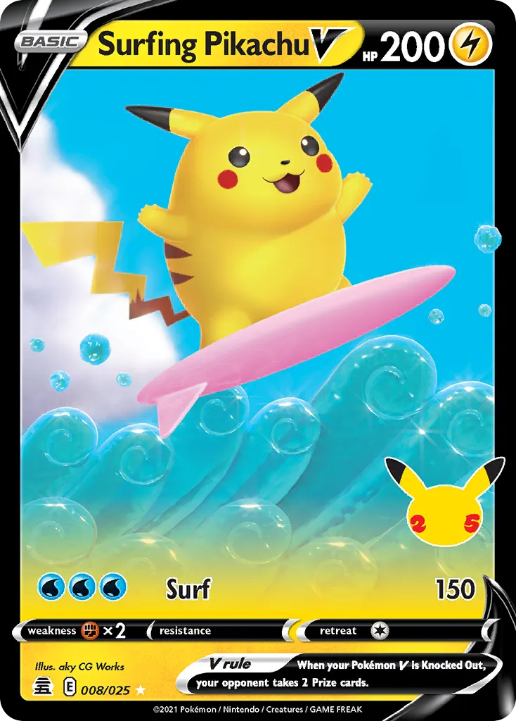 Surfing Pikachu V — Celebrations 8 Pokémon card