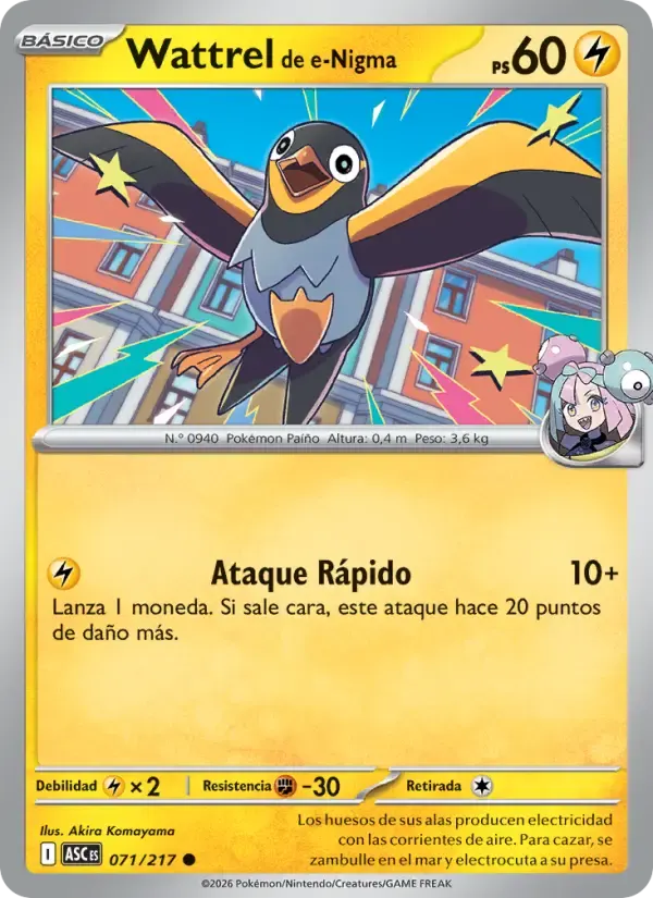 Wattrel de e-Nigma — Héroes Ascendentes 71 Spanish Pokémon card