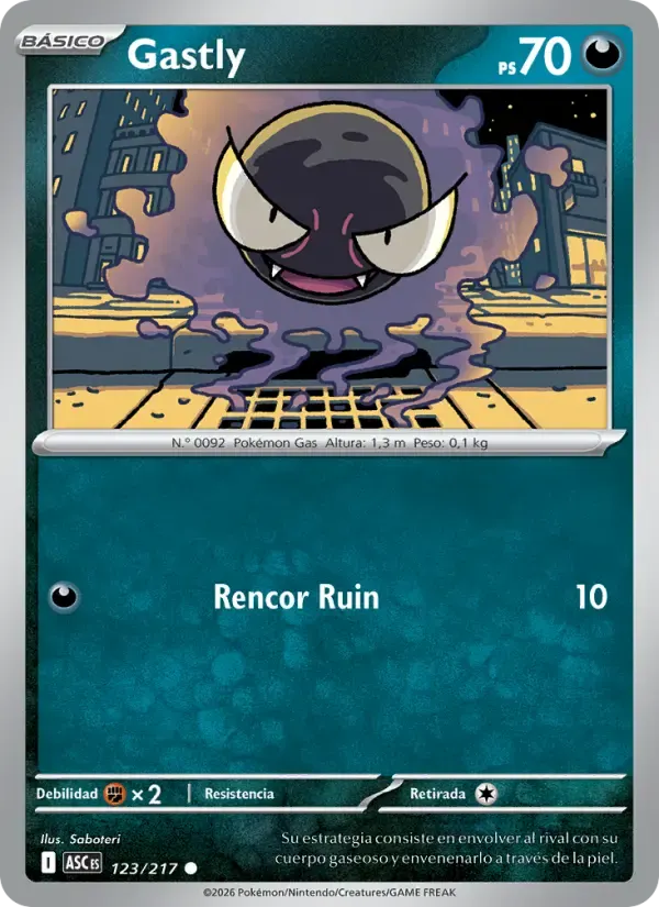 Gastly — Héroes Ascendentes 123 Spanish Pokémon card