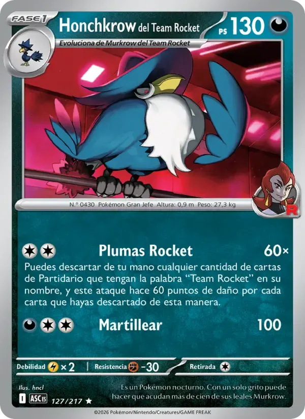 Honchkrow del Team Rocket — Héroes Ascendentes 127 Spanish Pokémon card