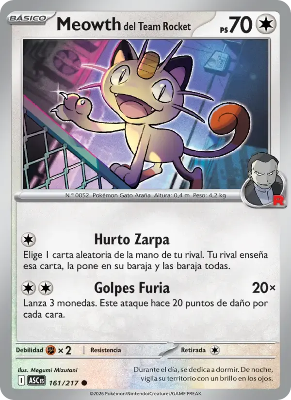 Meowth del Team Rocket — Héroes Ascendentes 161 Spanish Pokémon card