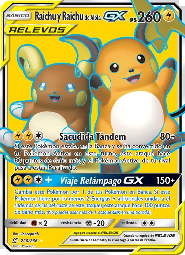 Raichu y Raichu de Alola GX — Mentes Unidas 220 Spanish Pokémon card