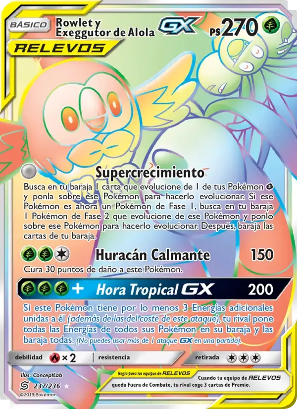 Rowlet y Exeggutor de Alola GX — Mentes Unidas 237 Spanish Pokémon card