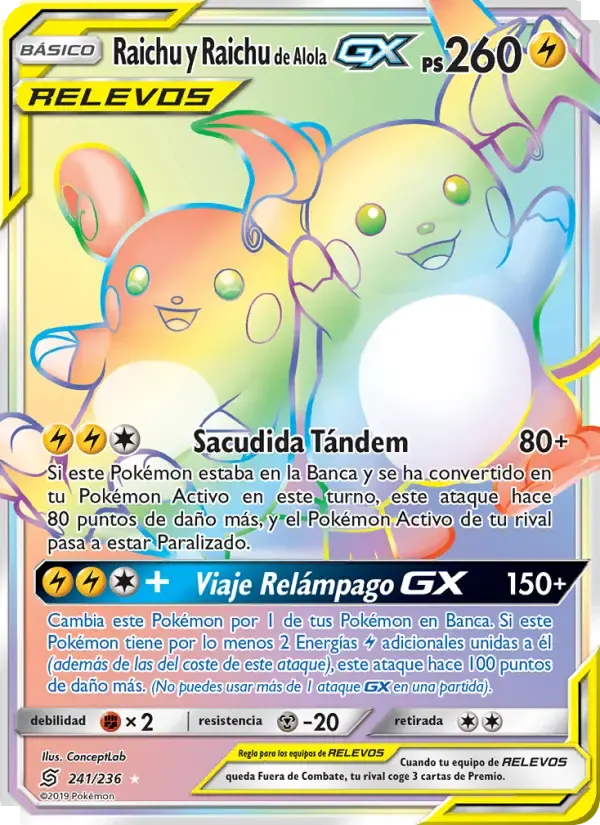 Raichu y Raichu de Alola GX — Mentes Unidas 241 Spanish Pokémon card