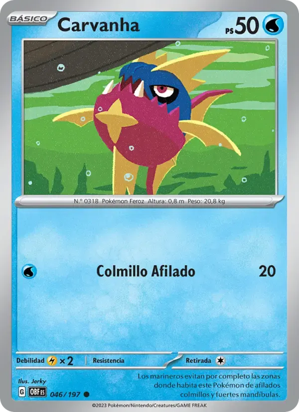 Carvanha — Llamas Obsidianas 46 Spanish Pokémon card