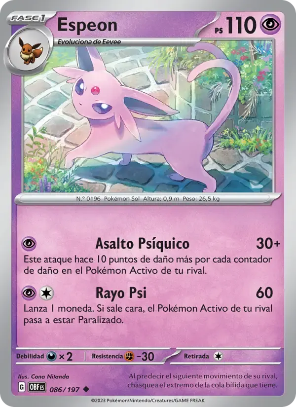 Espeon — Llamas Obsidianas 86 Spanish Pokémon card