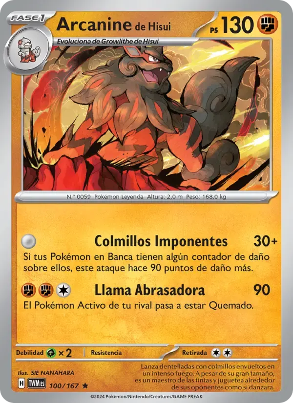Arcanine de Hisui — Mascarada Crepuscular 100 Spanish Pokémon card