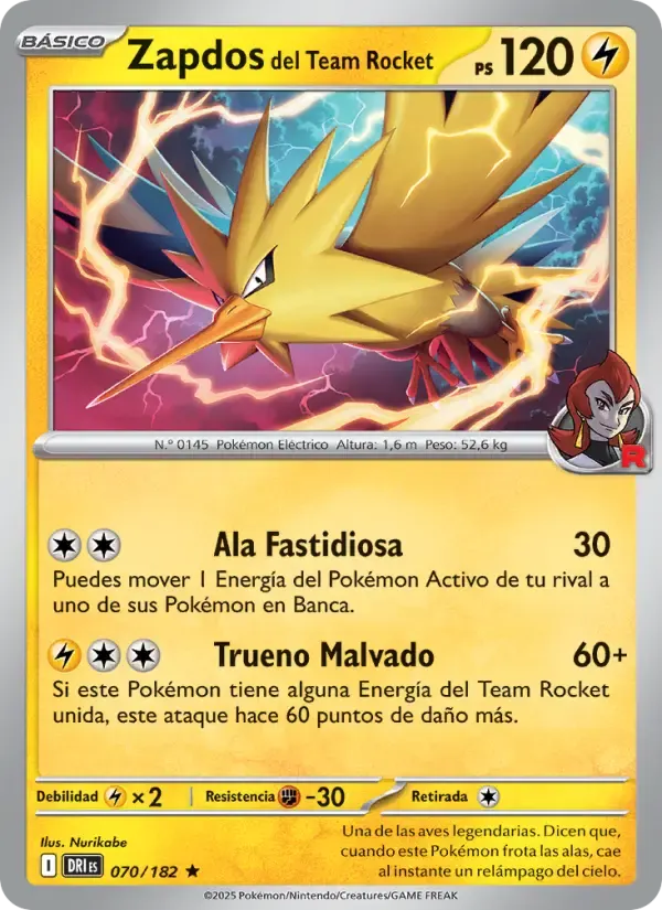 Zapdos del Team Rocket — Rivales Predestinados 70 Spanish Pokémon card